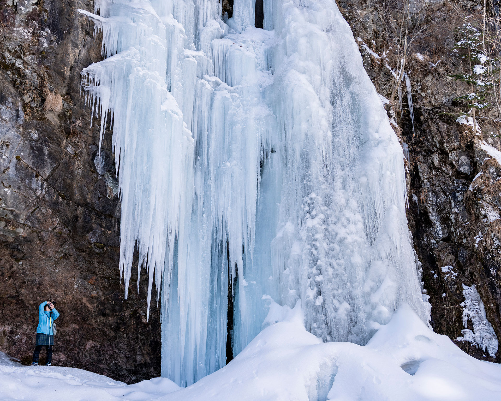 巨大な氷瀑を見上げるハイカー、日光・庵滝のつららと氷柱のクローズアップ、青白い氷の造形美
