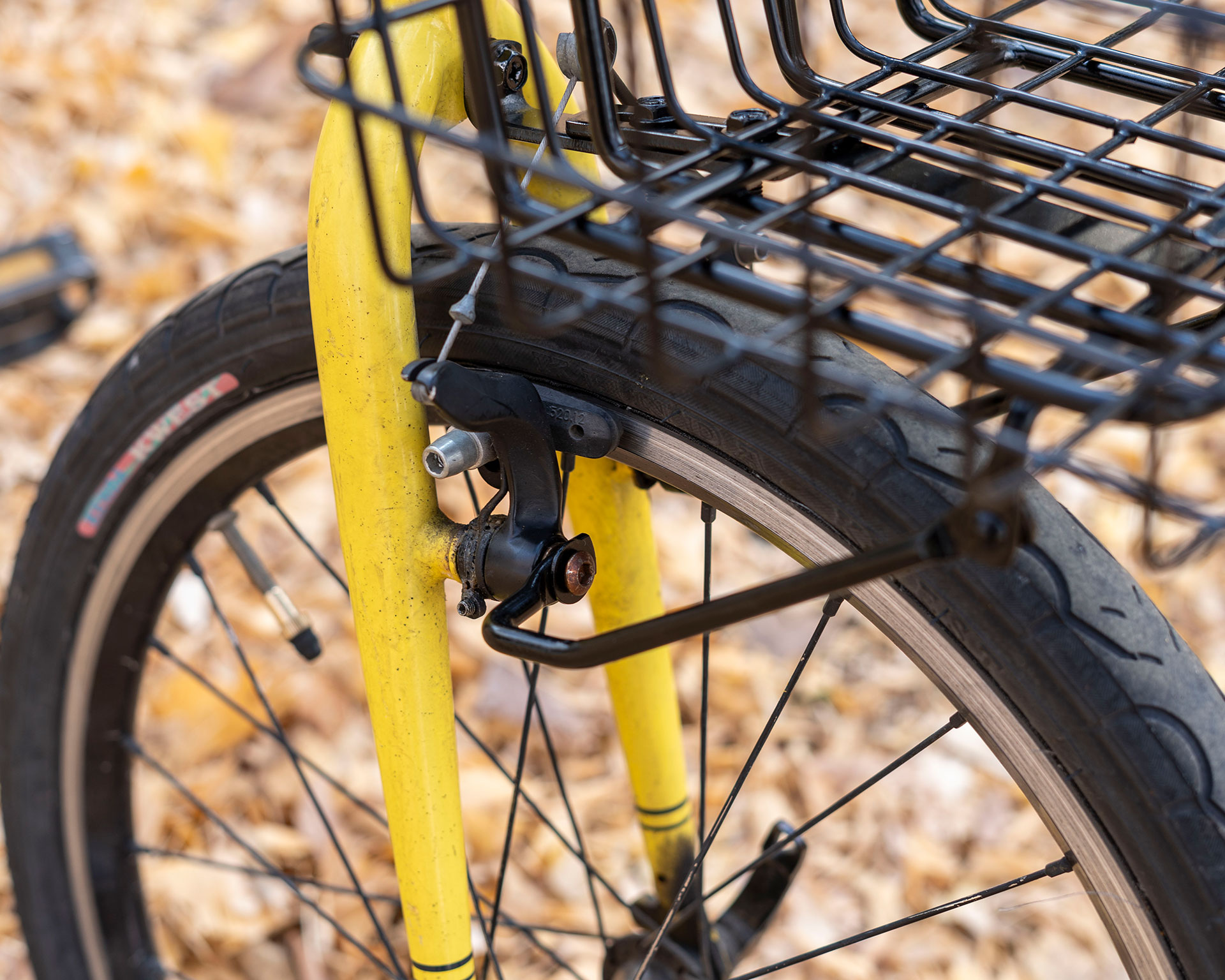 BRUNOミキストのフロントフォーク部分のディテール。バスケットキャリアはブレーキの台座に取り付ける。