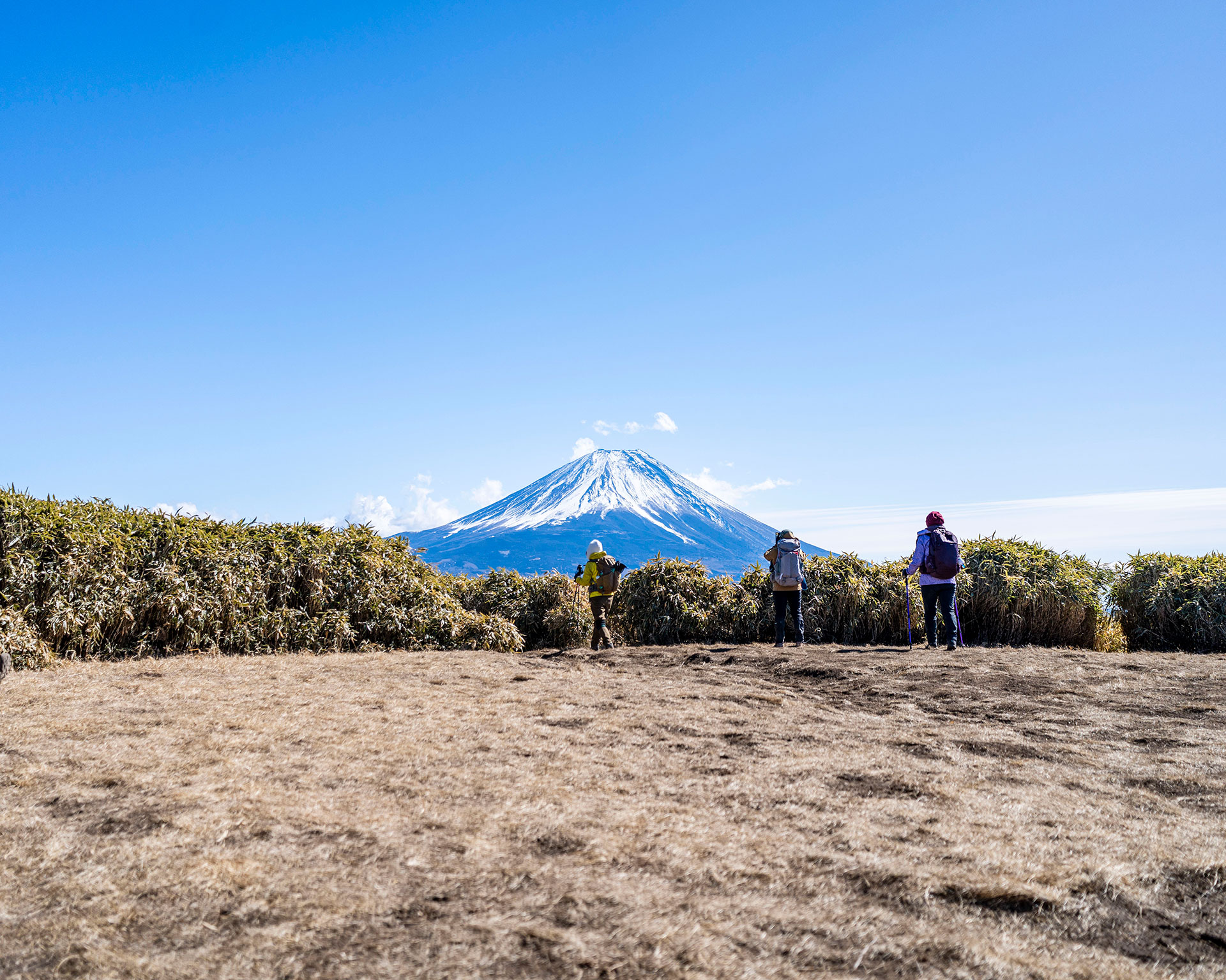 竜ヶ岳山頂から富士山を眺める3人の登山者