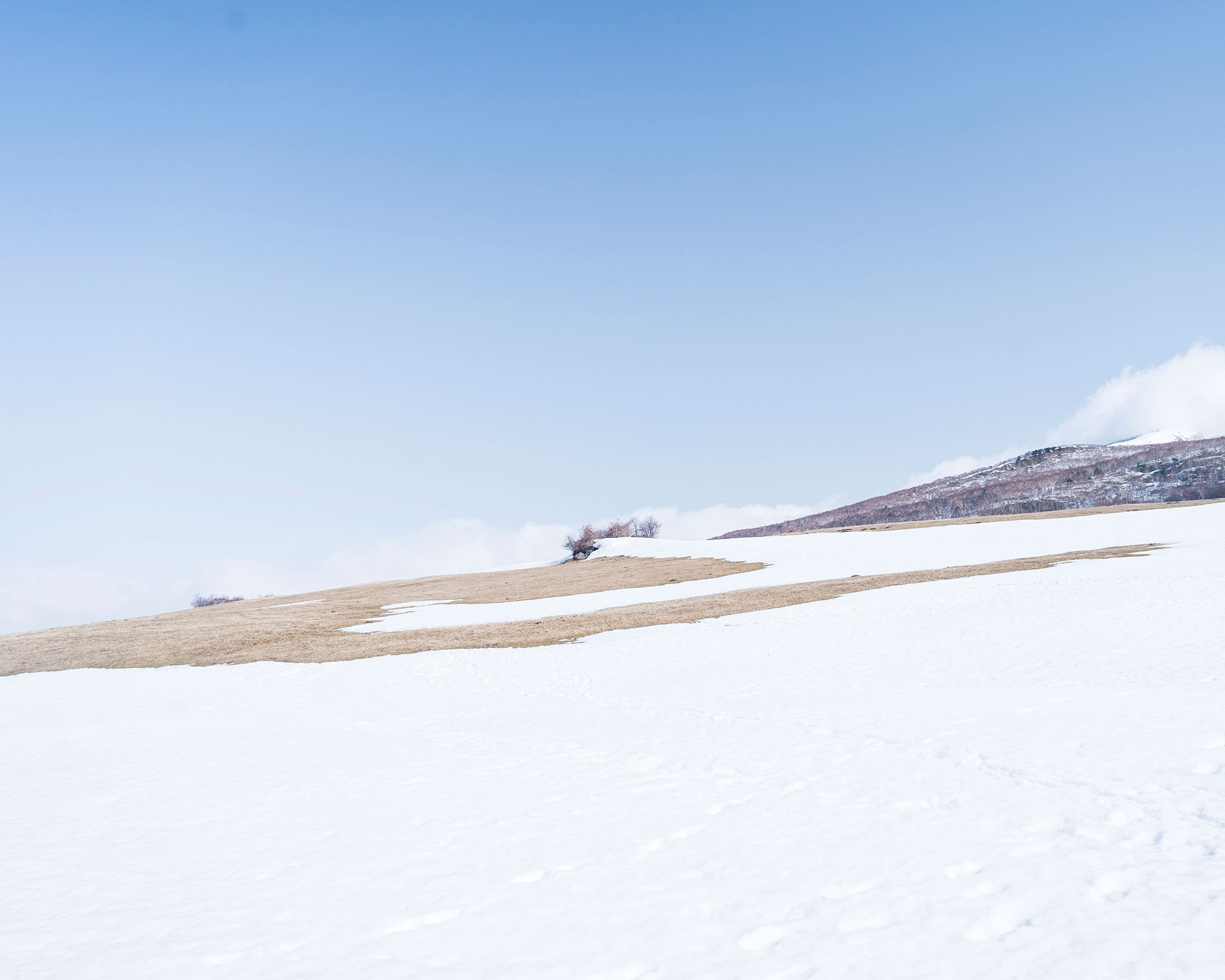 四阿山の青空と雪原のコントラスト、遠景に山の稜線が見える冬のトレッキングコース
