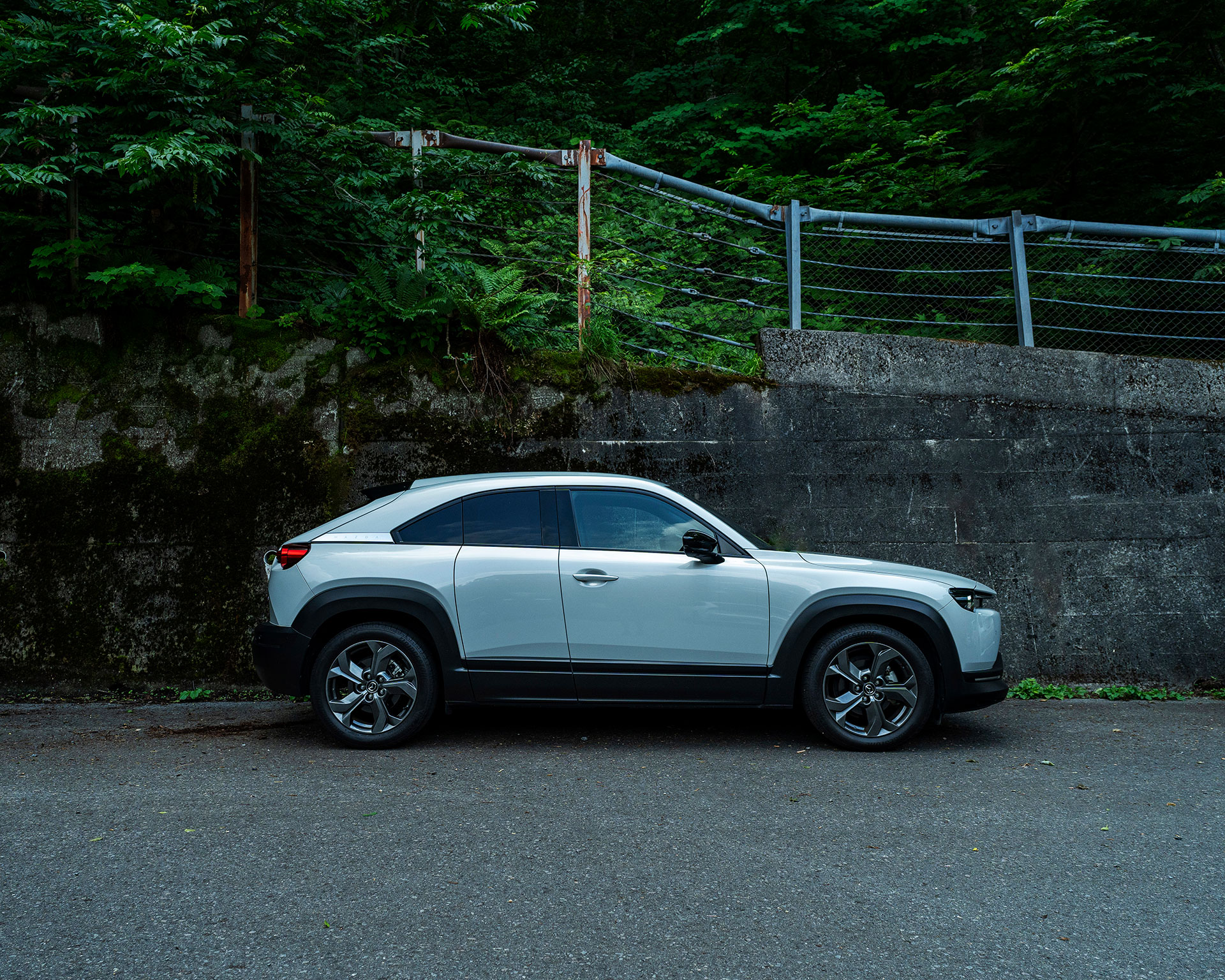 焼岳登山口のMAZDA MX-30と登山口周辺の駐車場情報を示す写真