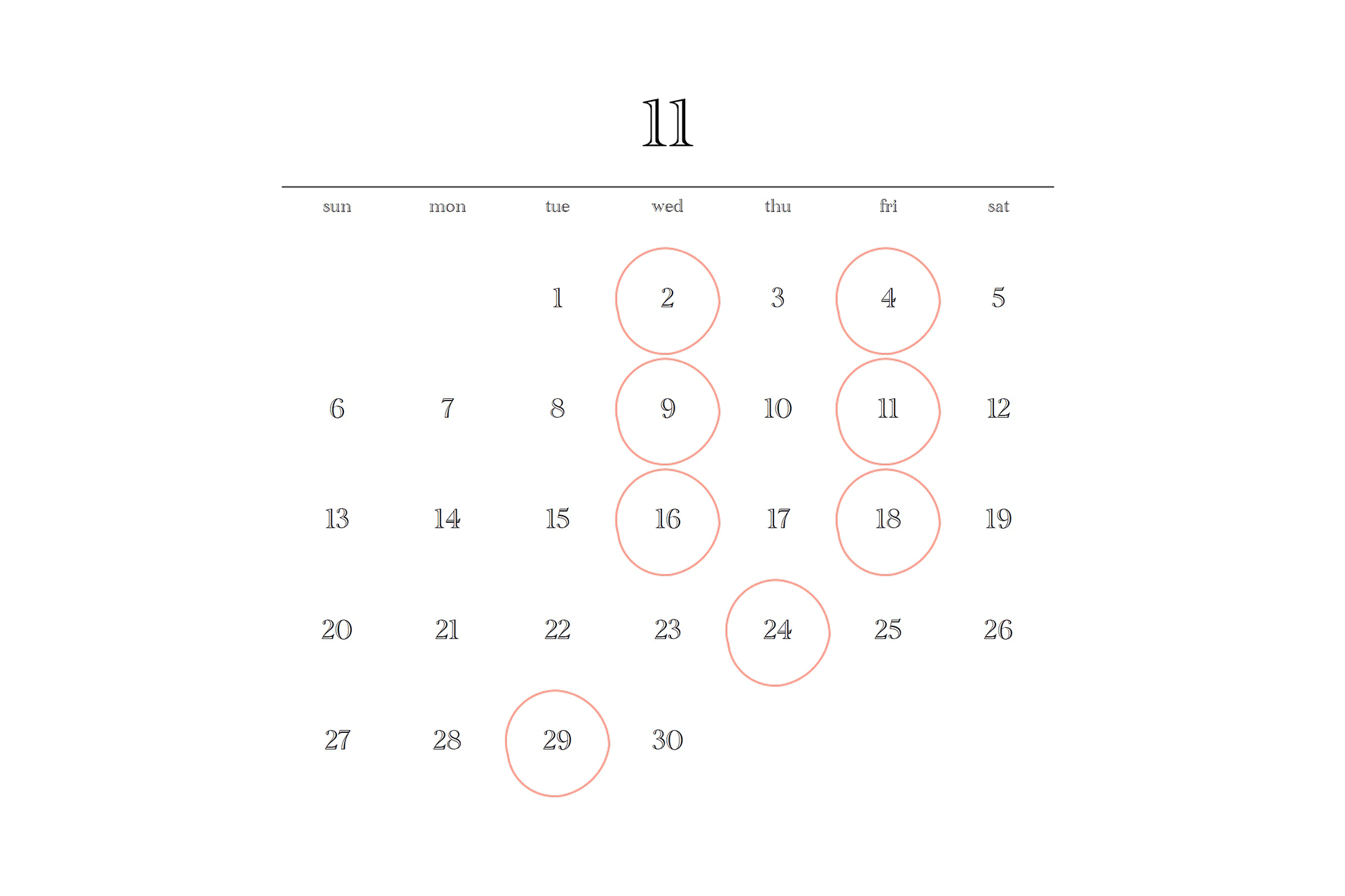 2022年11月アフターアワーズ ショップ営業日予定カレンダー