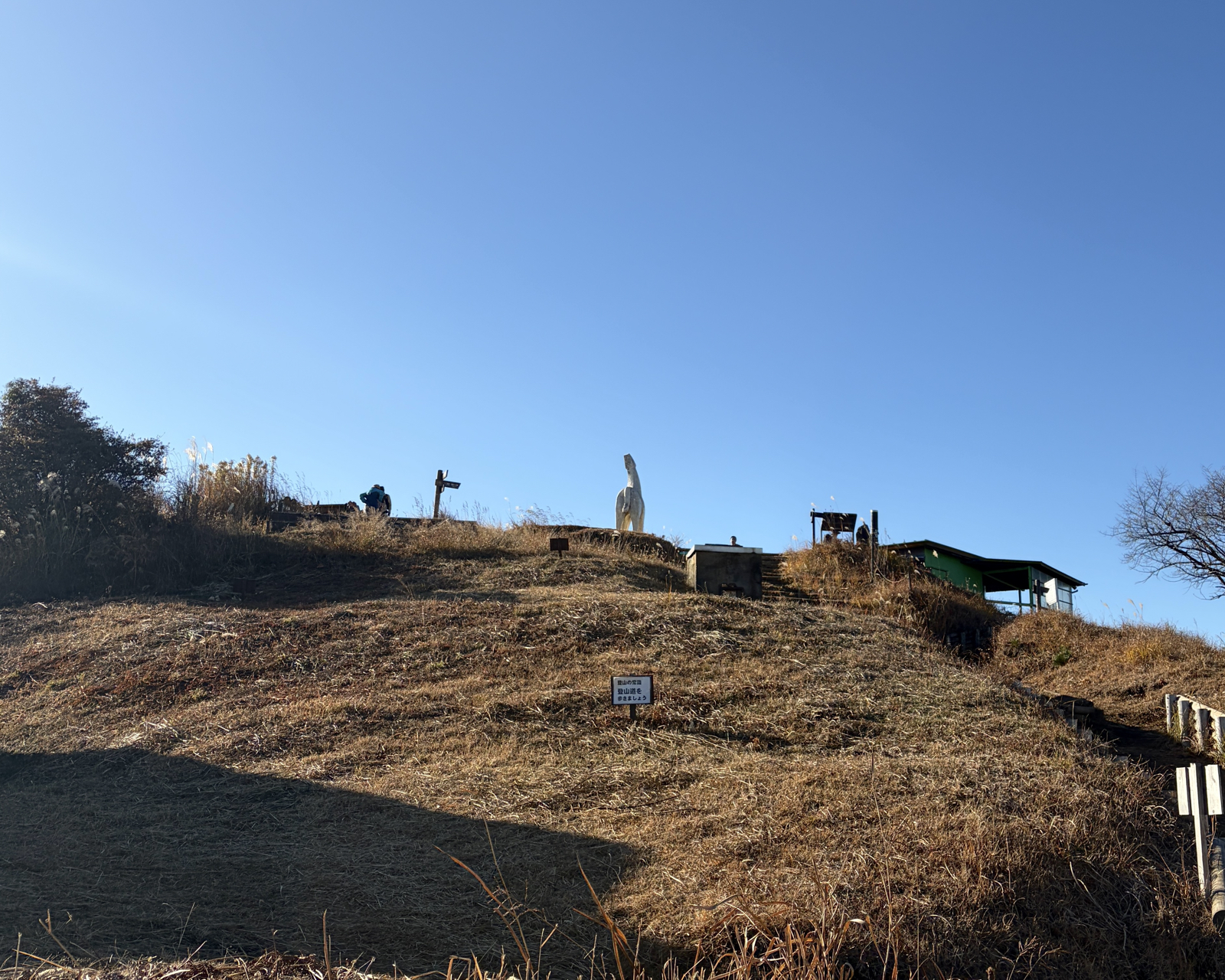 陣馬山山頂の草原と、遠くに連なる山々を望む日本の自然トレッキングスポット